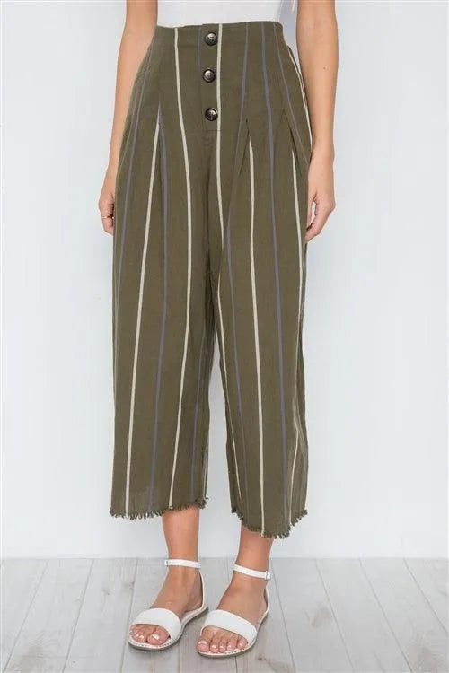 Olive Stripe High-Waist Wide Leg Boho Pants /3-1-1 - Tasha Apparel Wholesale