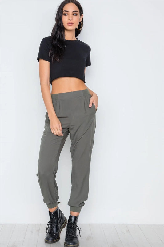 Olive High Waist Casual Side Pockets Pants /3-2-1 - Tasha Apparel Wholesale