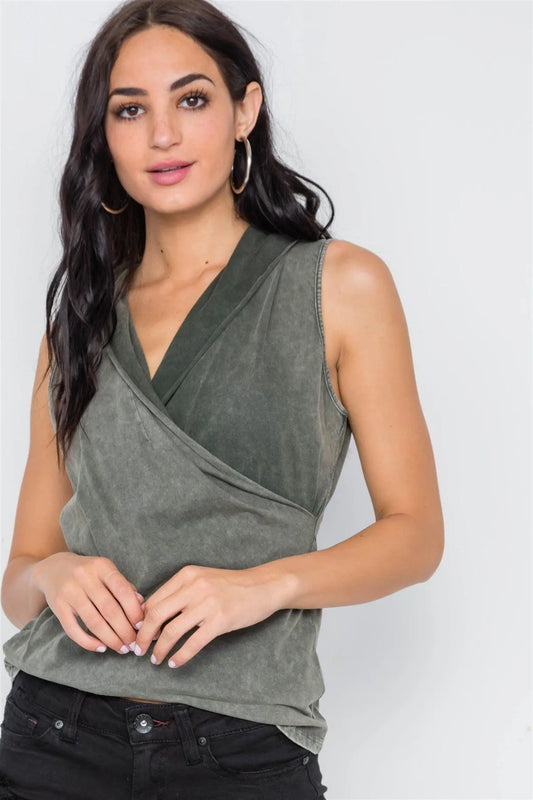 Army Olive Surplice Neck Sleeveless Top /3-2-1 - Tasha Apparel Wholesale