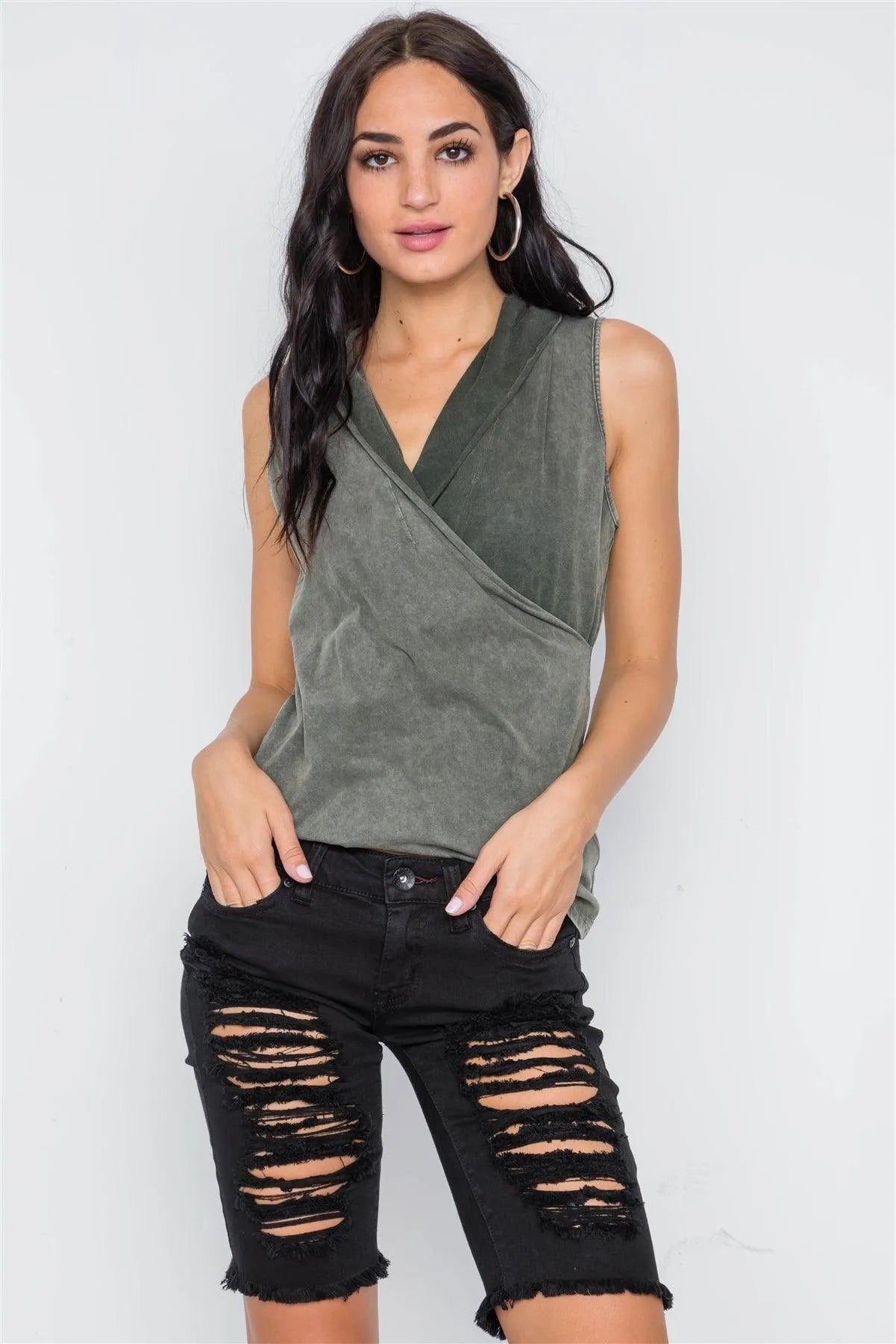 Army Olive Surplice Neck Sleeveless Top /3-2-1 - Tasha Apparel Wholesale
