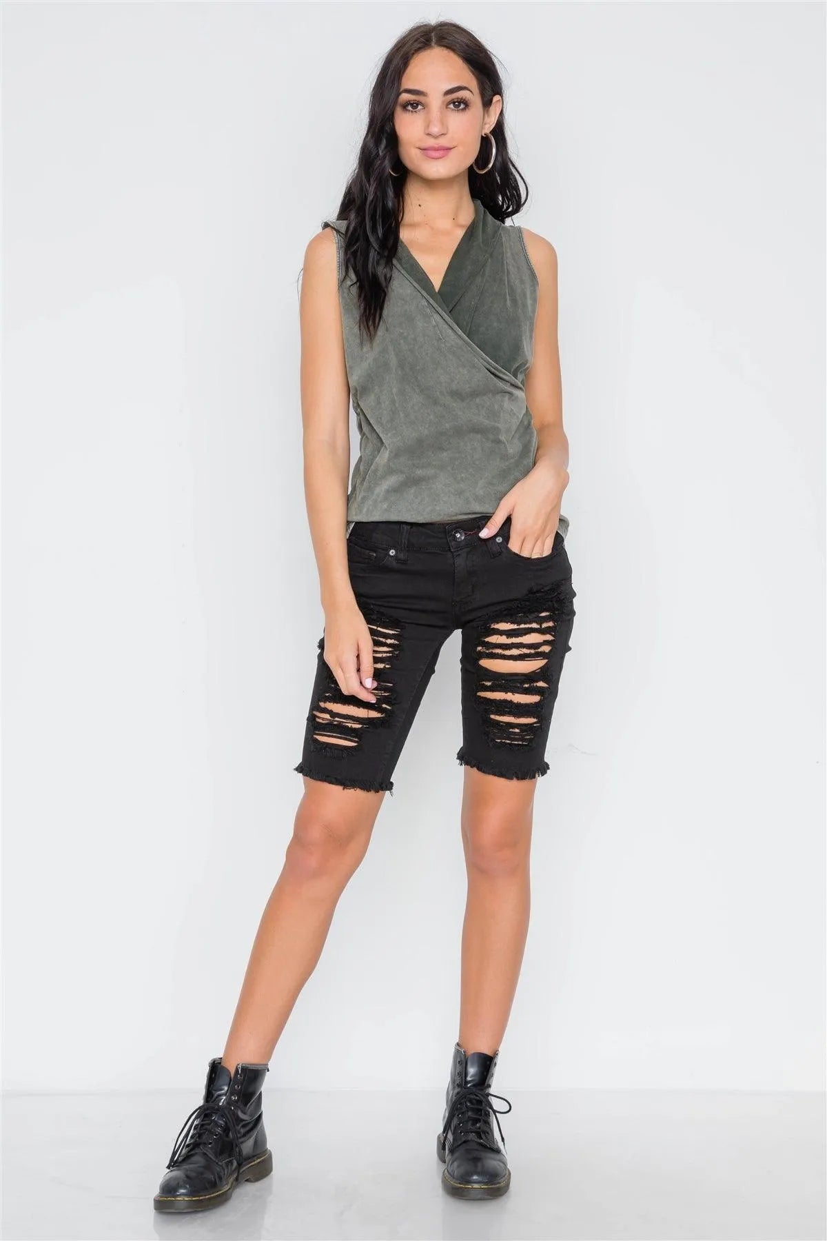 Army Olive Surplice Neck Sleeveless Top /3-2-1 - Tasha Apparel Wholesale