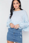 Aqua Checkered Long Sleeve Flounce Crop Boho Top /3-2-1 - Tasha Apparel Wholesale