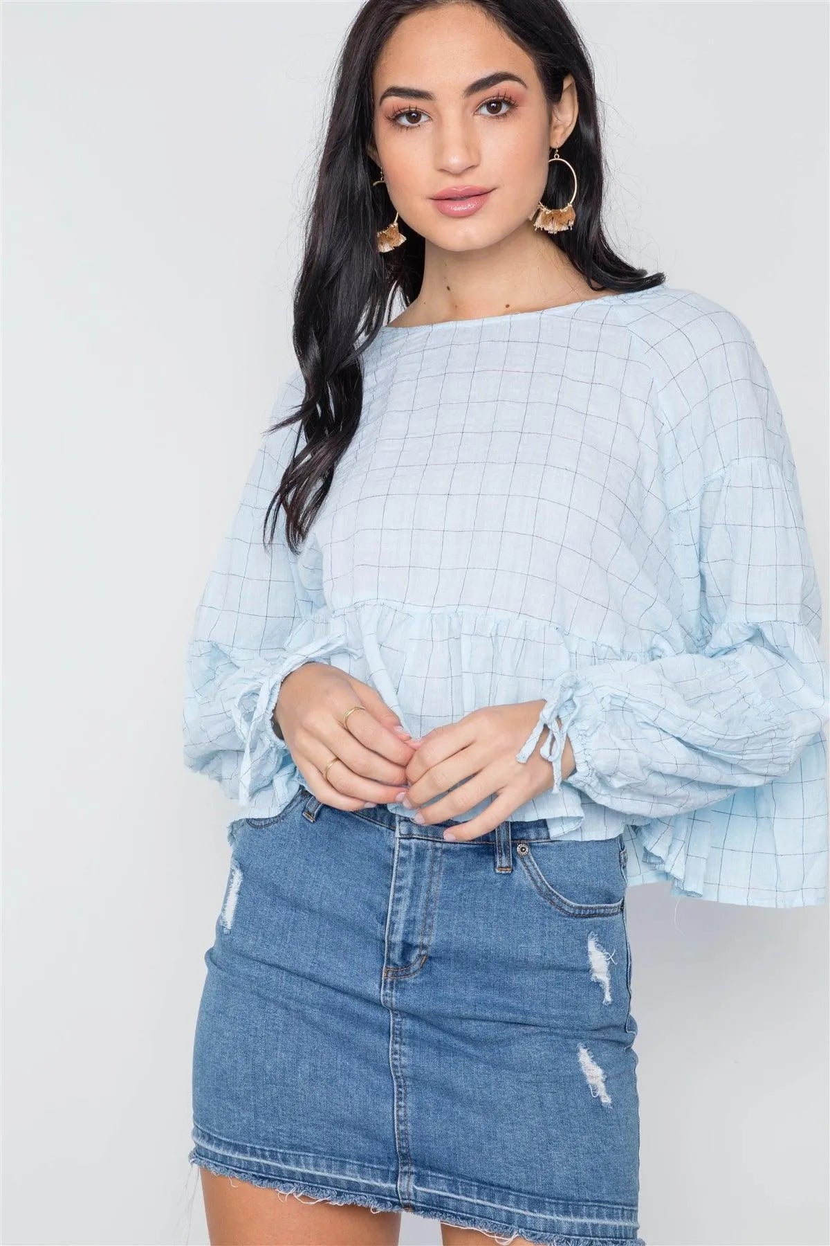 Aqua Checkered Long Sleeve Flounce Crop Boho Top /3-2-1 - Tasha Apparel Wholesale