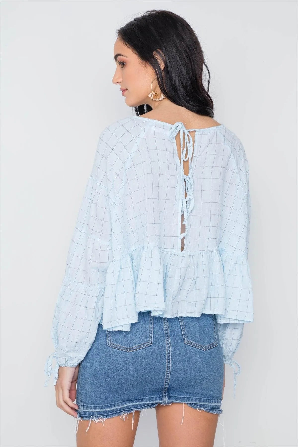 Aqua Checkered Long Sleeve Flounce Crop Boho Top /3-2-1 - Tasha Apparel Wholesale