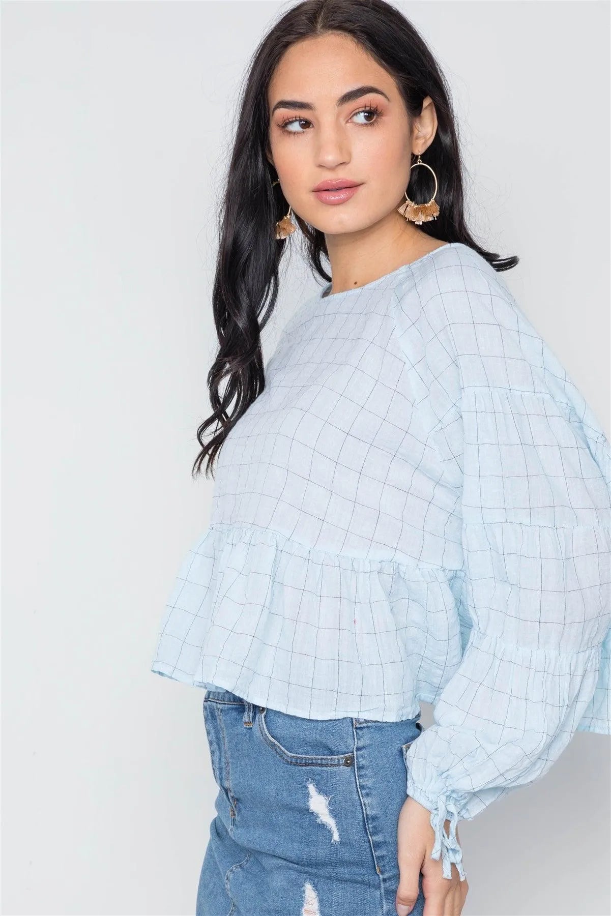 Aqua Checkered Long Sleeve Flounce Crop Boho Top /3-2-1 - Tasha Apparel Wholesale