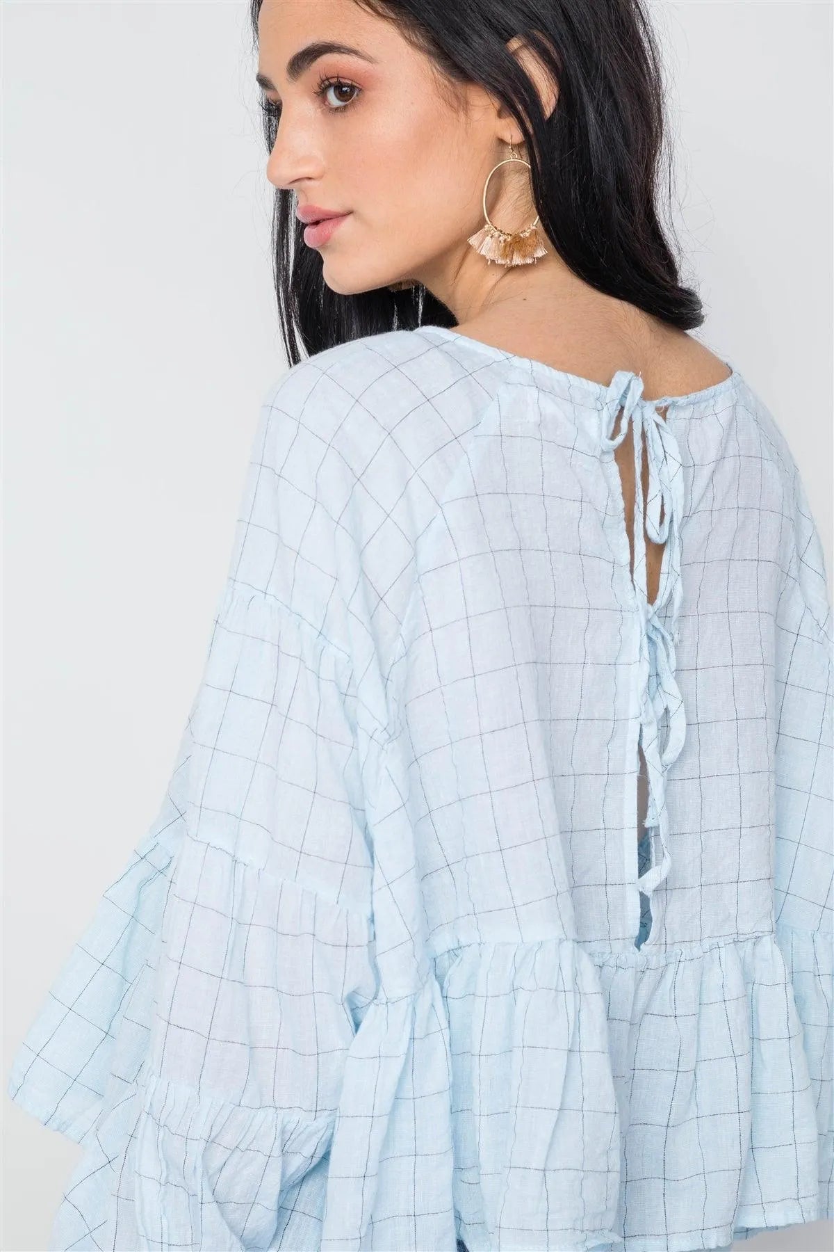 Aqua Checkered Long Sleeve Flounce Crop Boho Top /3-2-1 - Tasha Apparel Wholesale