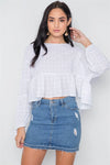 White Checkered Long Sleeve Flounce Crop Boho Top /3-2-1 - Tasha Apparel Wholesale