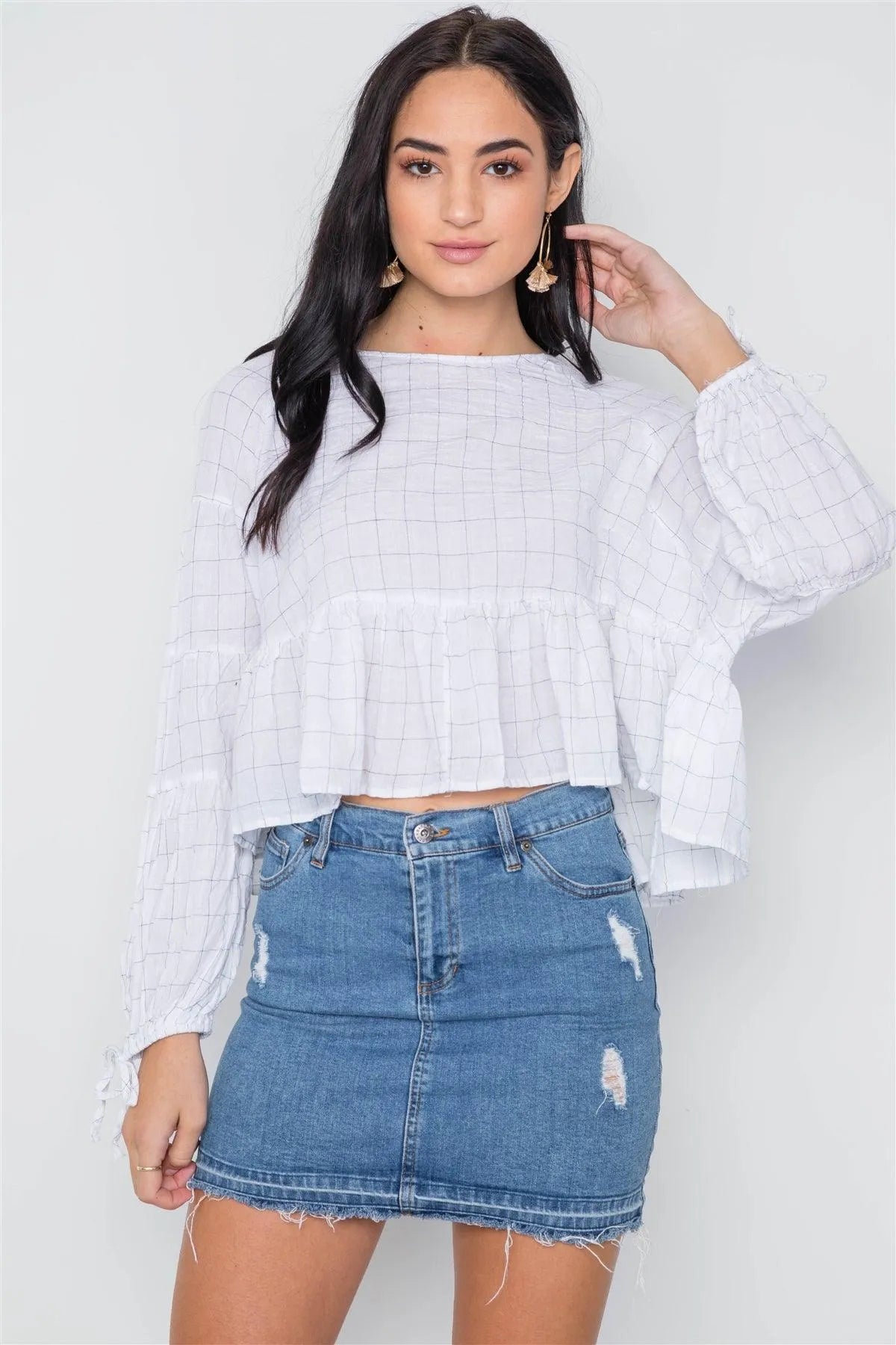 White Checkered Long Sleeve Flounce Crop Boho Top /3-2-1 - Tasha Apparel Wholesale