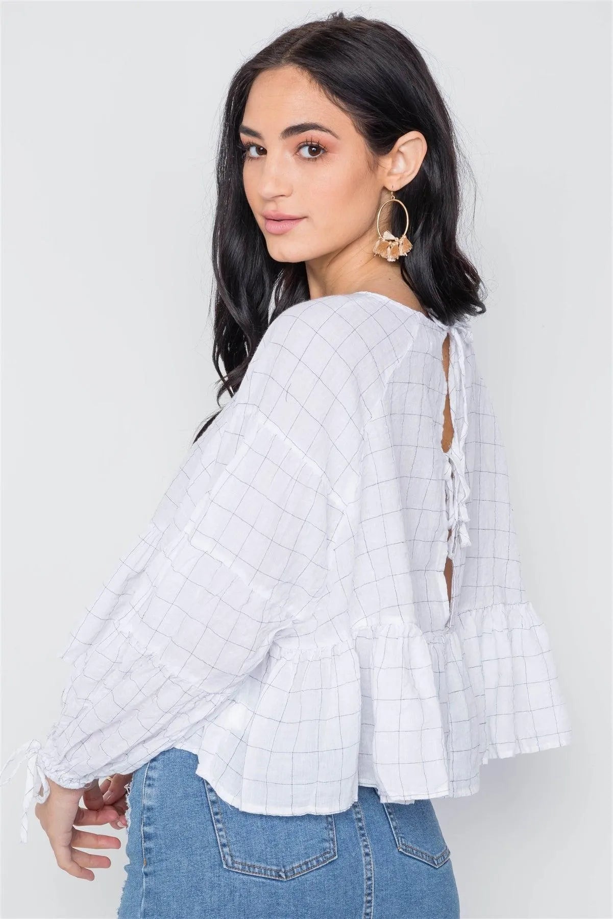 White Checkered Long Sleeve Flounce Crop Boho Top /3-2-1 - Tasha Apparel Wholesale
