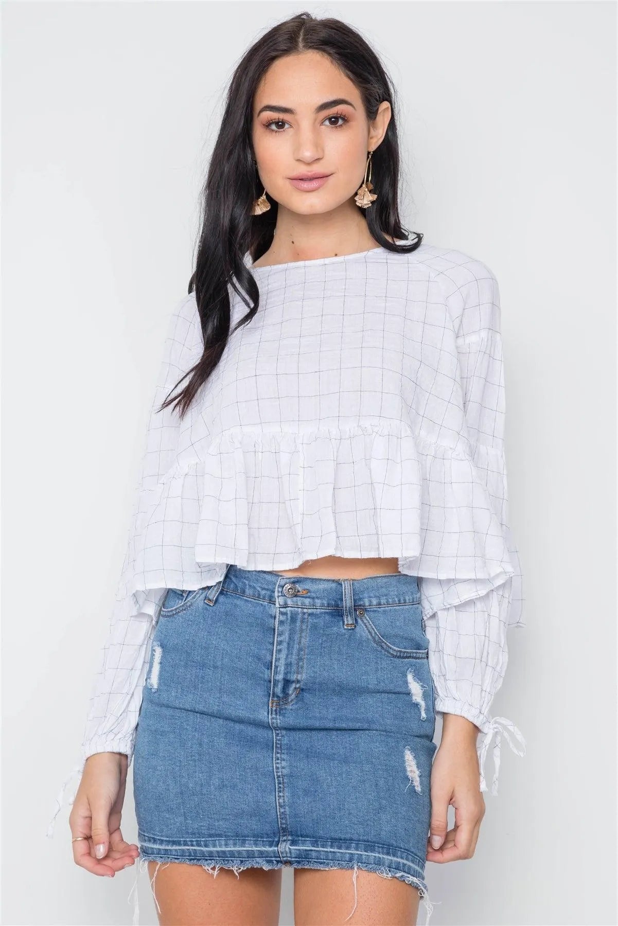 White Checkered Long Sleeve Flounce Crop Boho Top /3-2-1 - Tasha Apparel Wholesale