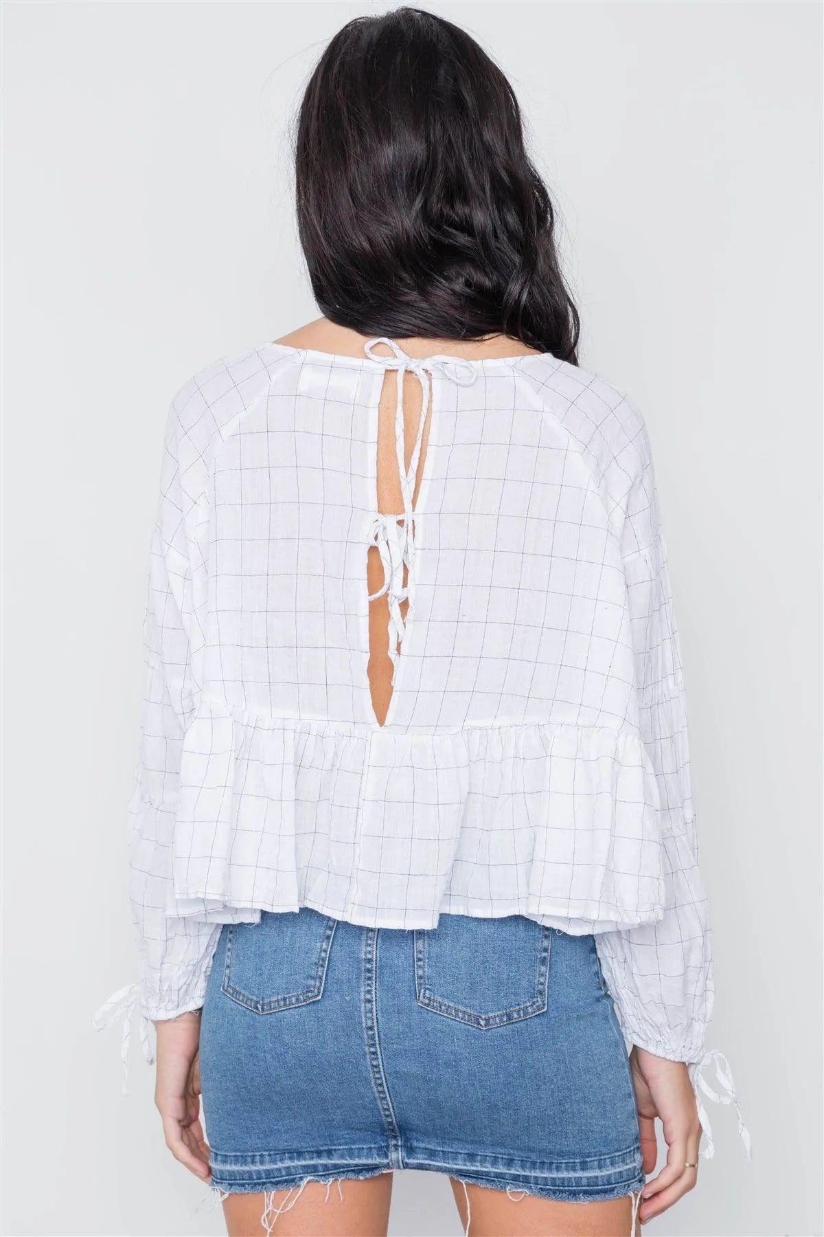 White Checkered Long Sleeve Flounce Crop Boho Top /3-2-1 - Tasha Apparel Wholesale