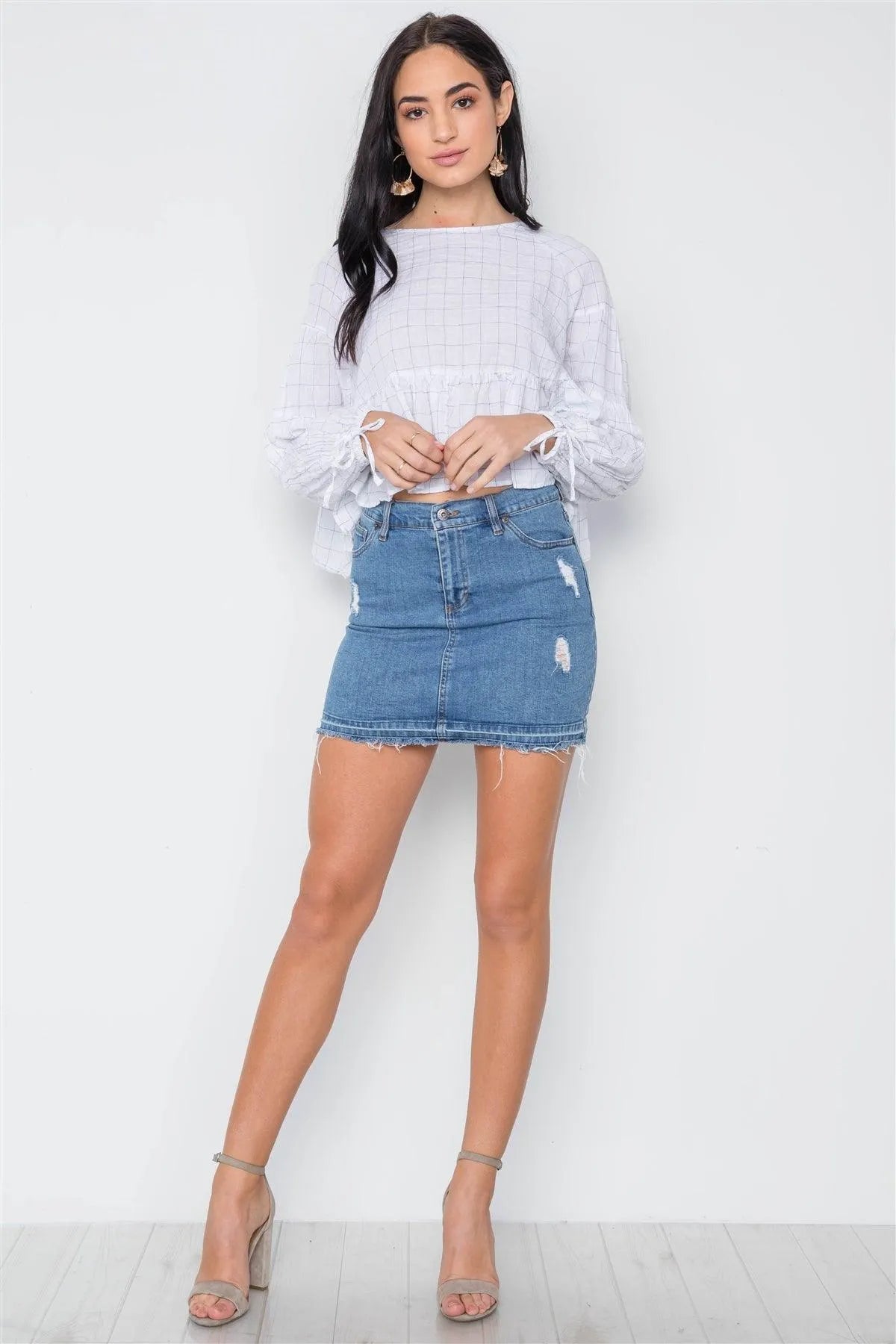 White Checkered Long Sleeve Flounce Crop Boho Top /3-2-1 - Tasha Apparel Wholesale
