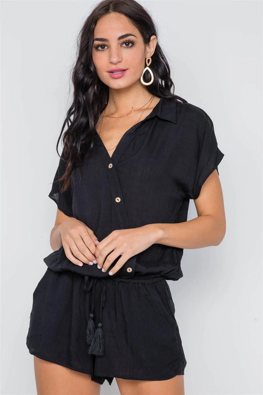 Black Short Sleeve Relaxed Fit Romper /3-2-1 - Tasha Apparel Wholesale