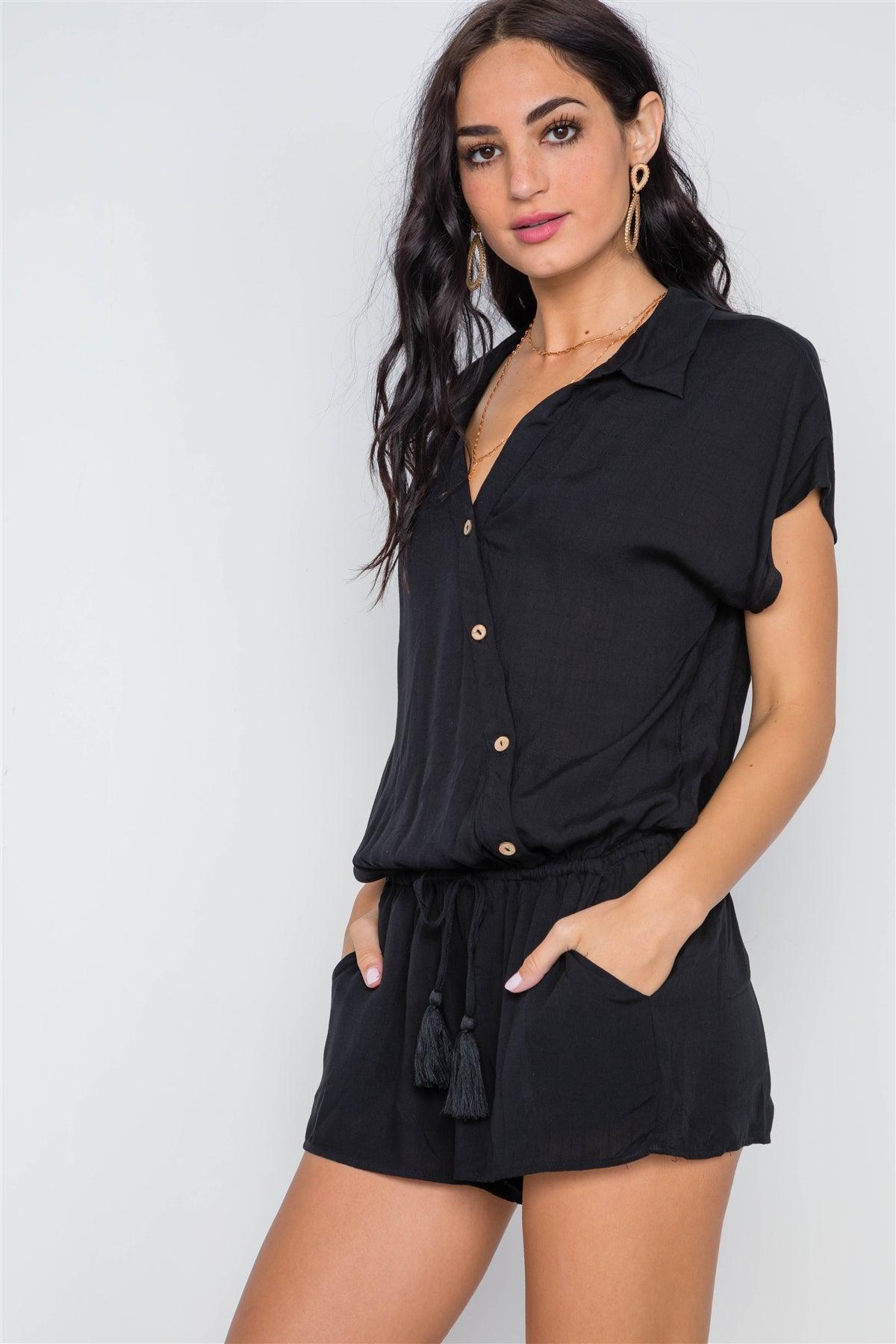 Black Short Sleeve Relaxed Fit Romper /3-2-1