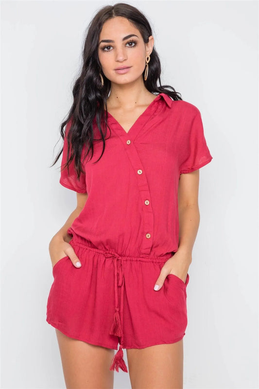 Raspberry Short Sleeve Relaxed Fit Romper /3-2-1 - Tasha Apparel Wholesale