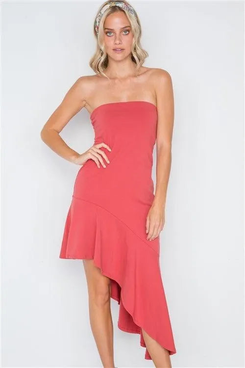 Berry Strapless Flounce Hem Solid Dress - Tasha Apparel Wholesale