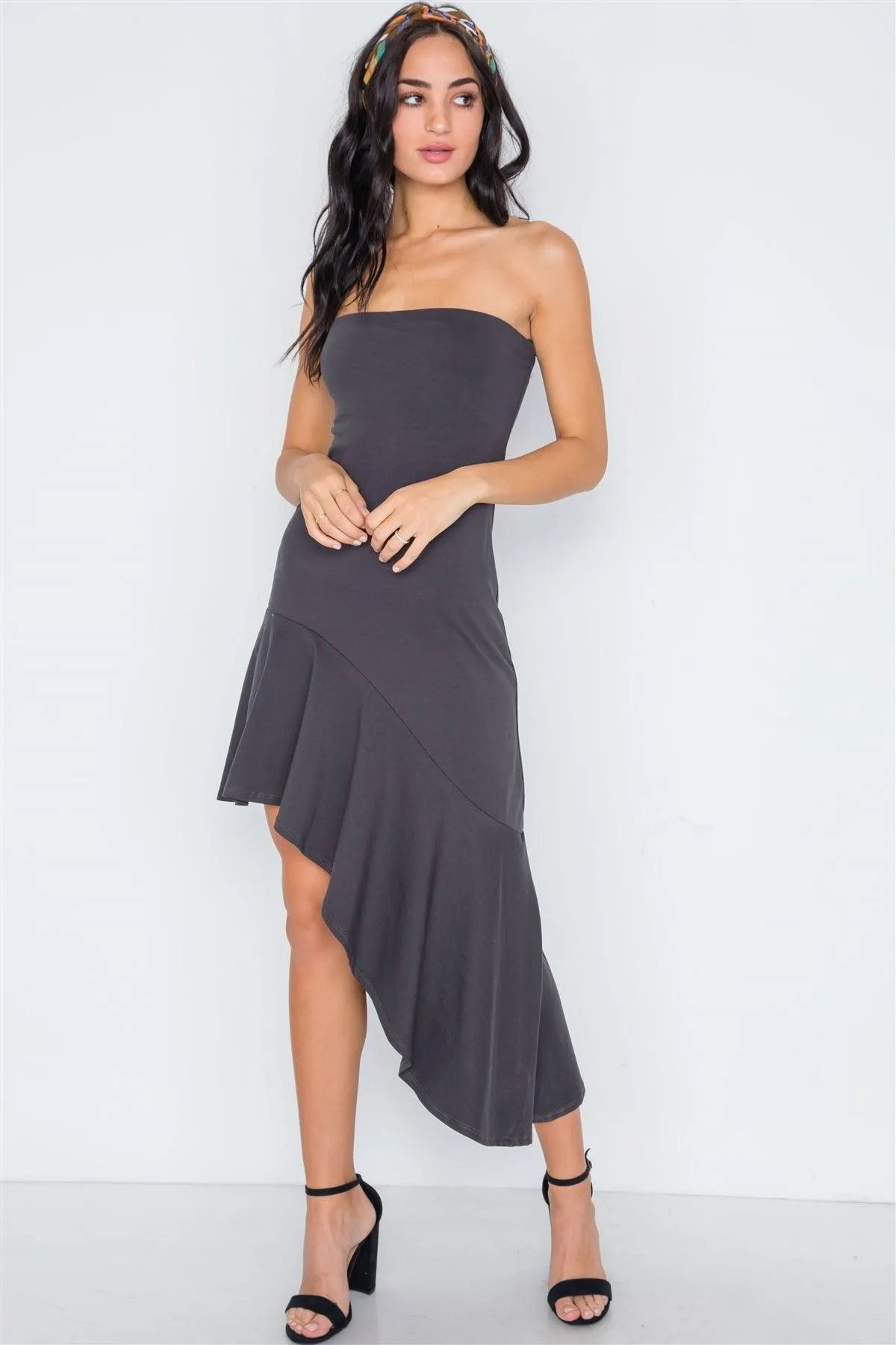 Charcoal Strapless Flounce Hem Solid Dress /3-2-1 - Tasha Apparel Wholesale