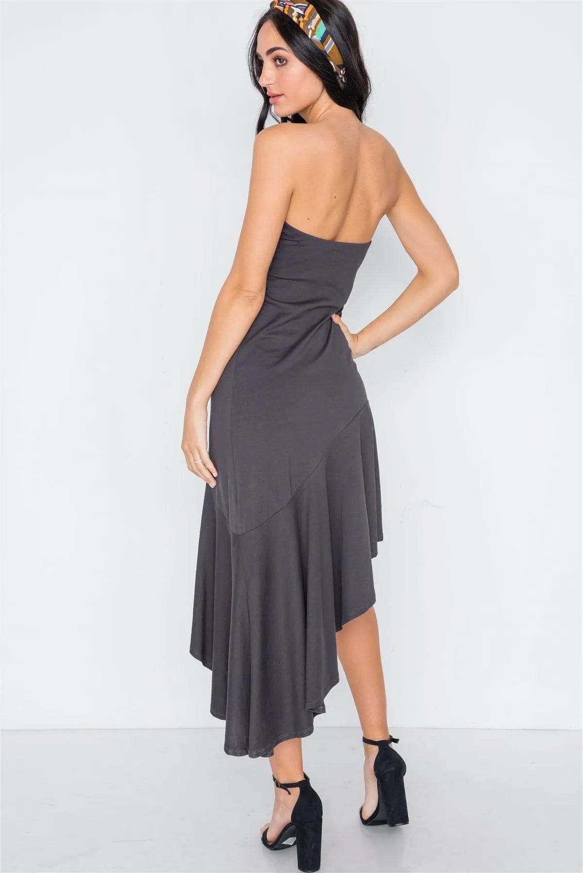 Charcoal Strapless Flounce Hem Solid Dress /3-2-1 - Tasha Apparel Wholesale