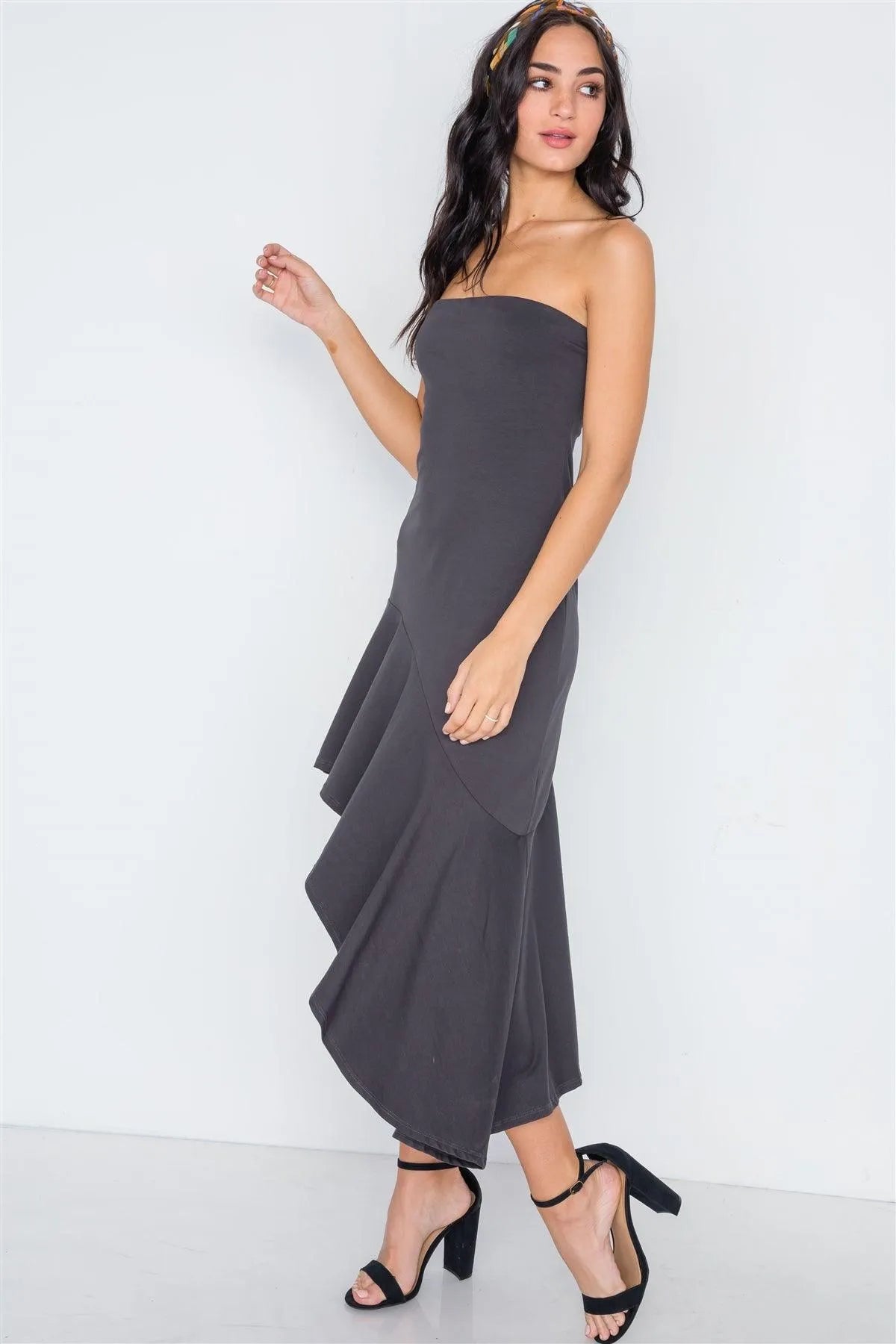 Charcoal Strapless Flounce Hem Solid Dress /3-2-1 - Tasha Apparel Wholesale
