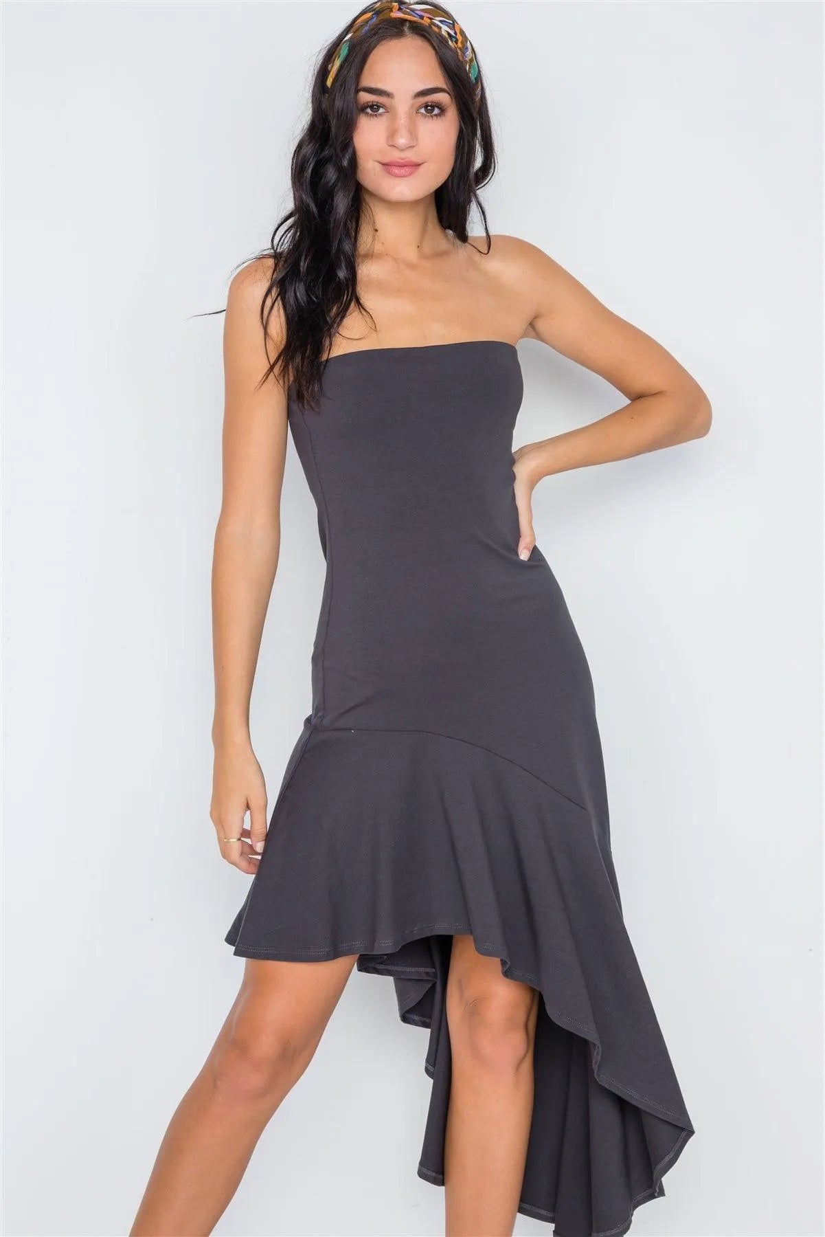 Charcoal Strapless Flounce Hem Solid Dress /3-2-1 - Tasha Apparel Wholesale