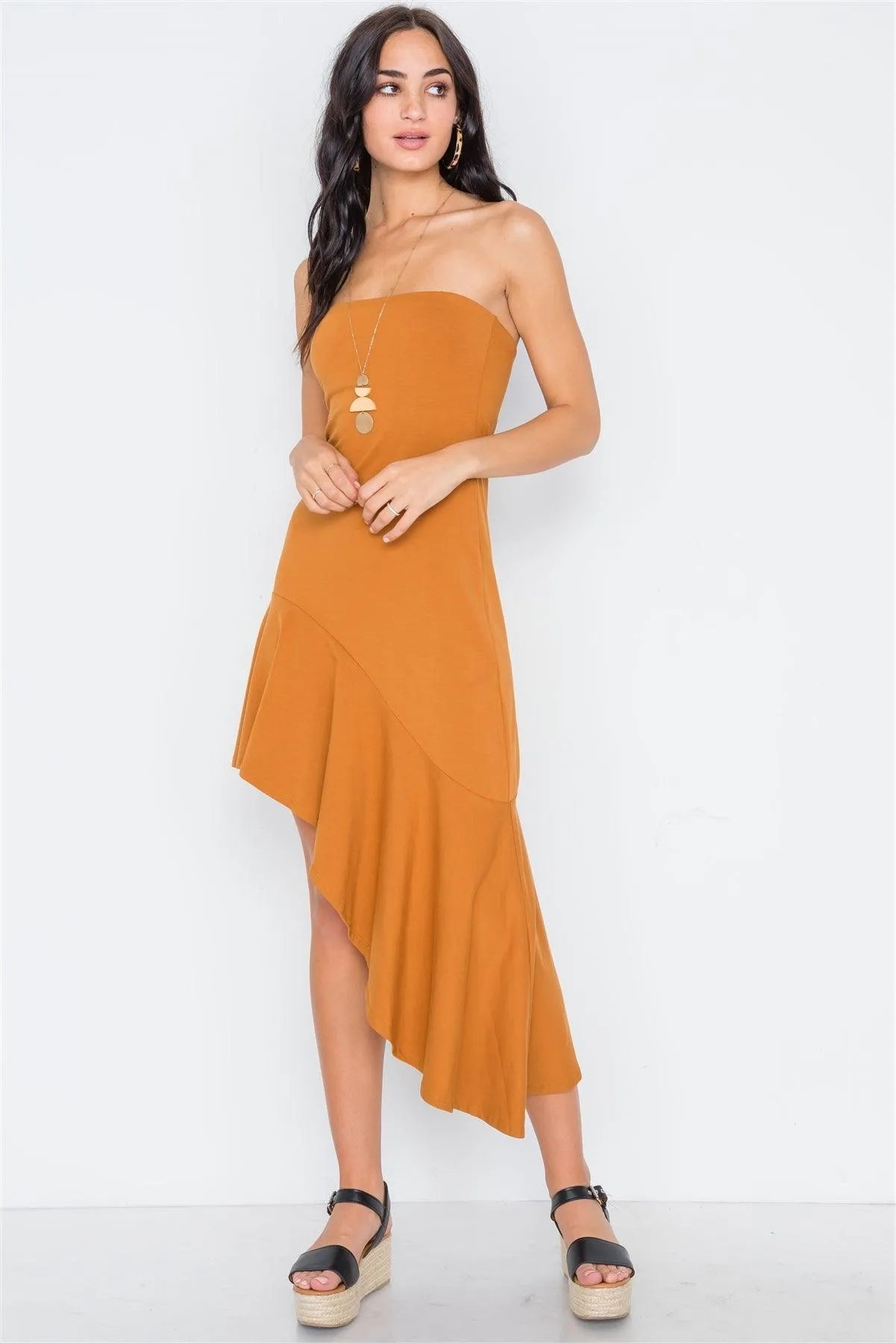 Solid Clay Strapless Flounce Hem Dress /3-2-1 - Tasha Apparel Wholesale
