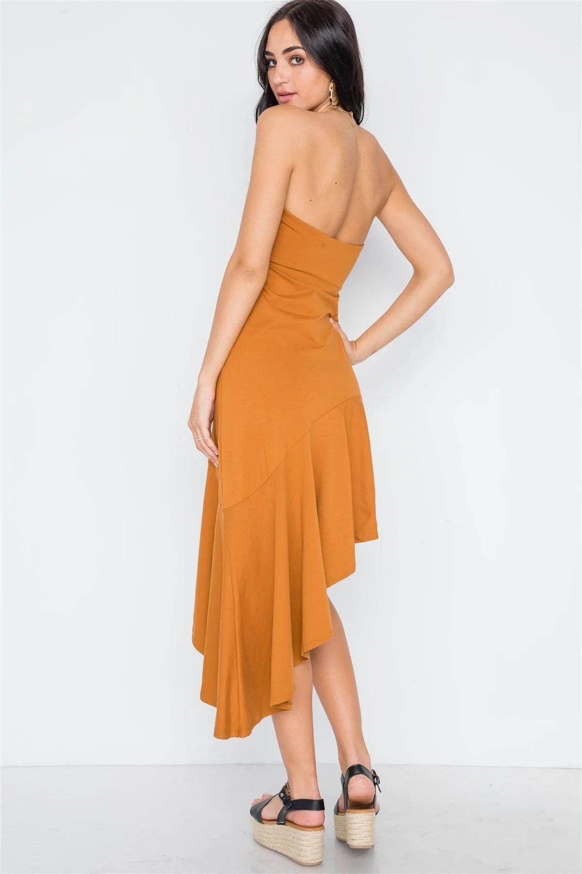 Solid Clay Strapless Flounce Hem Dress /3-2-1 - Tasha Apparel Wholesale