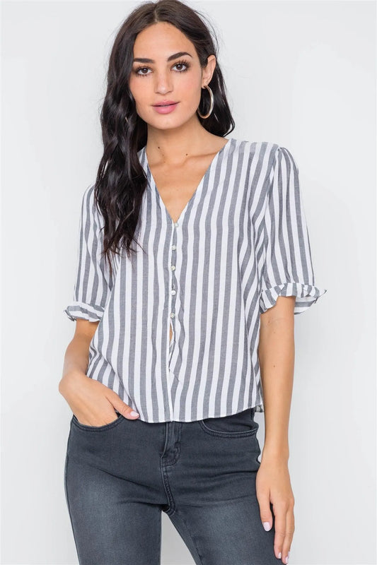 Black Stripe V-Neck Casual Stripe Button Down Top /3-2-1 - Tasha Apparel Wholesale
