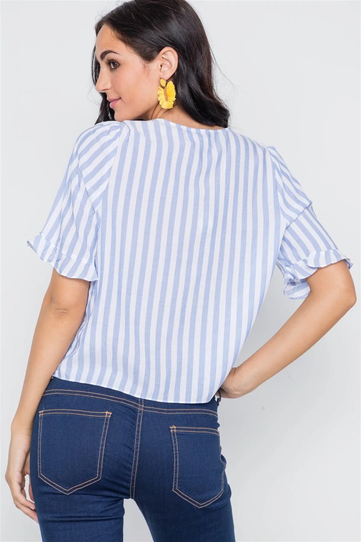 Light Blue Stripe V-Neck Casual Stripe Button Down /3-2-1 - Tasha Apparel Wholesale