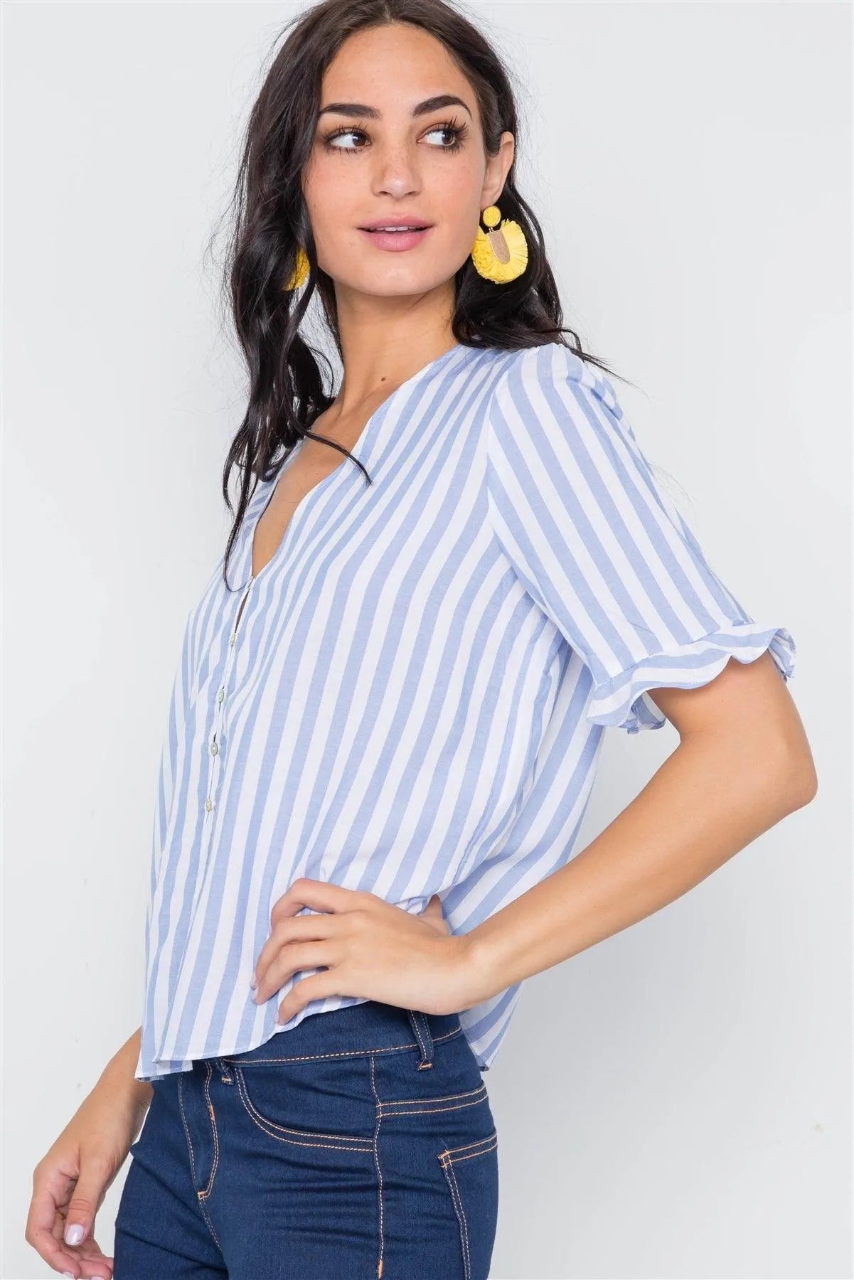 Light Blue Stripe V-Neck Casual Stripe Button Down /3-2-1 - Tasha Apparel Wholesale