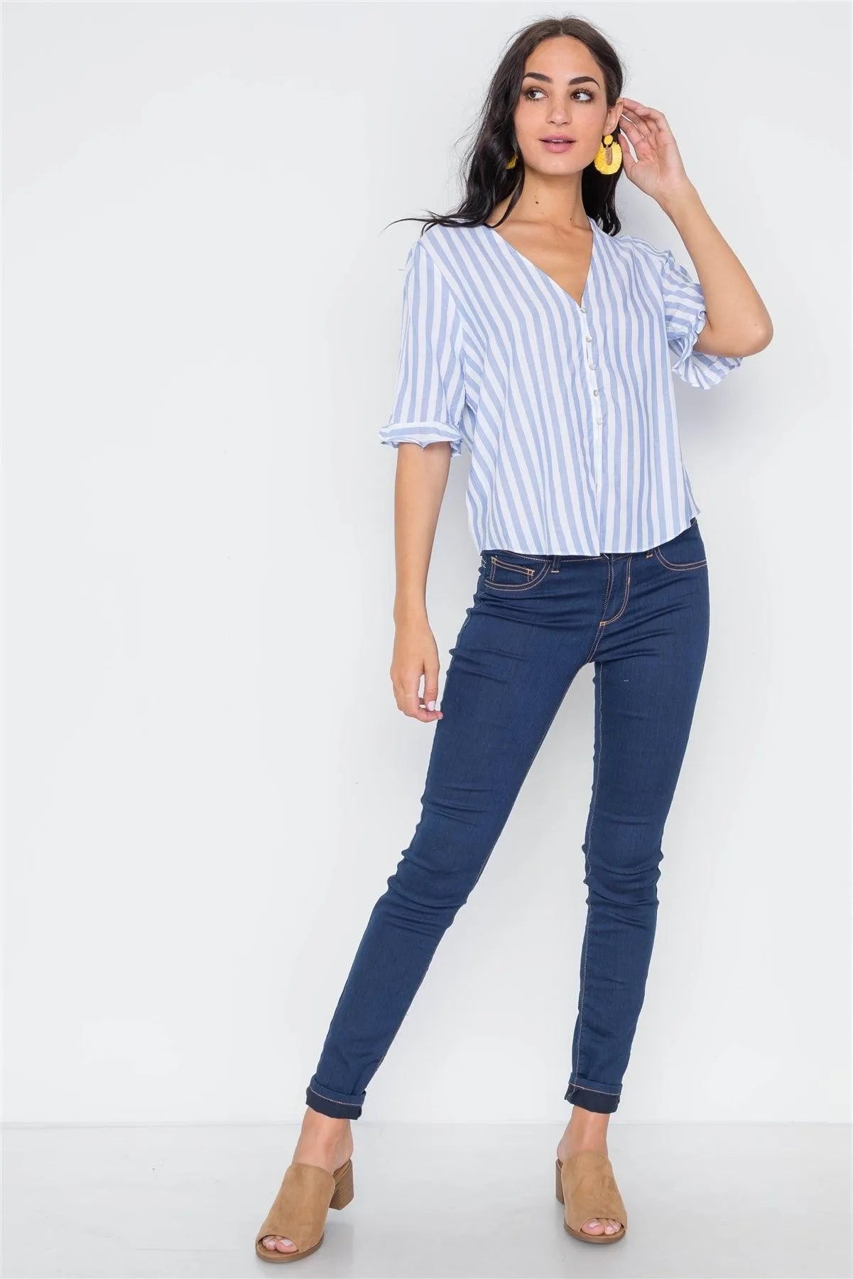 Light Blue Stripe V-Neck Casual Stripe Button Down /3-2-1 - Tasha Apparel Wholesale