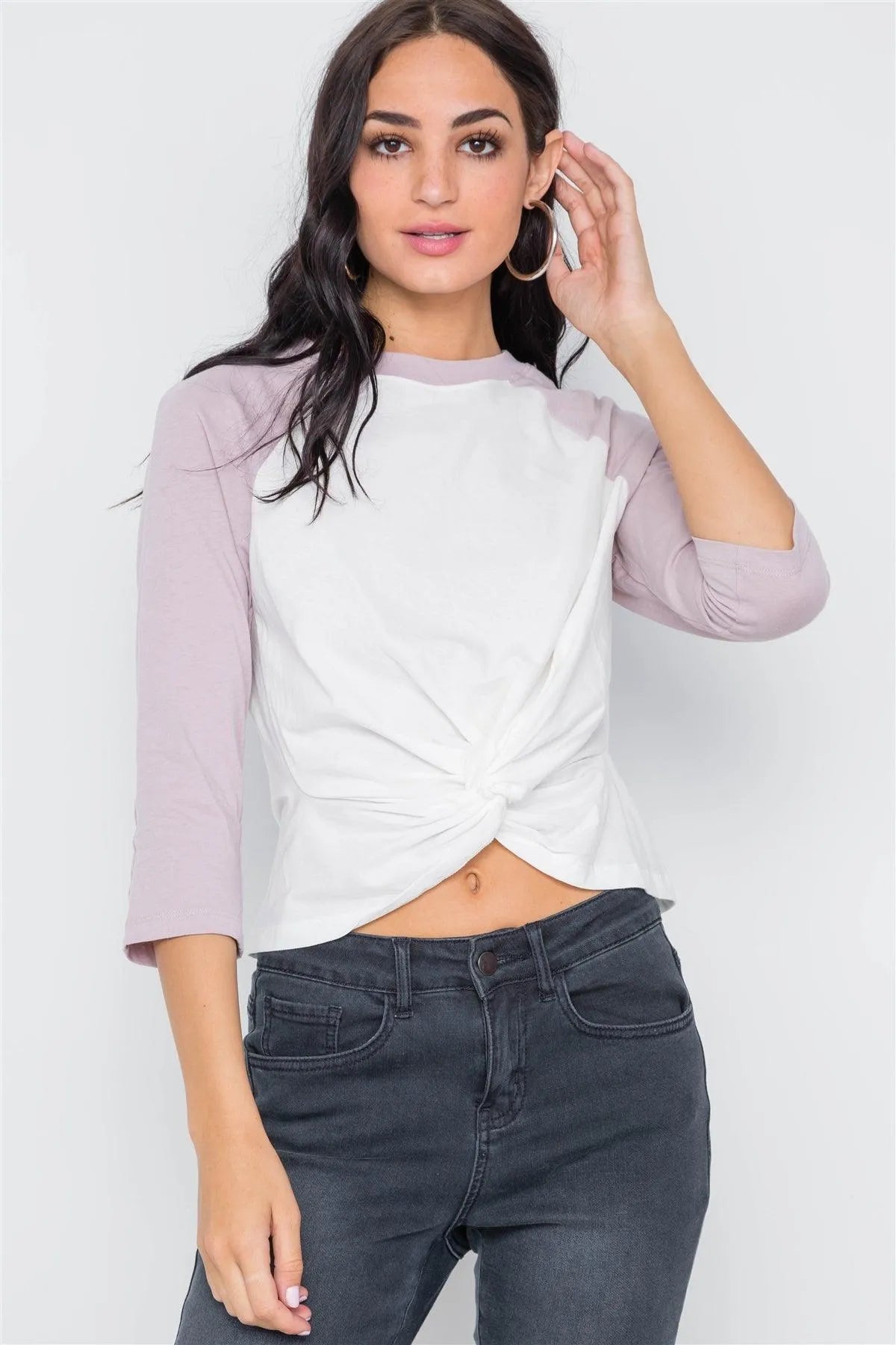 Mauve 3/4 Sleeves Front Twist Crop Top /3-2-1 - Tasha Apparel Wholesale