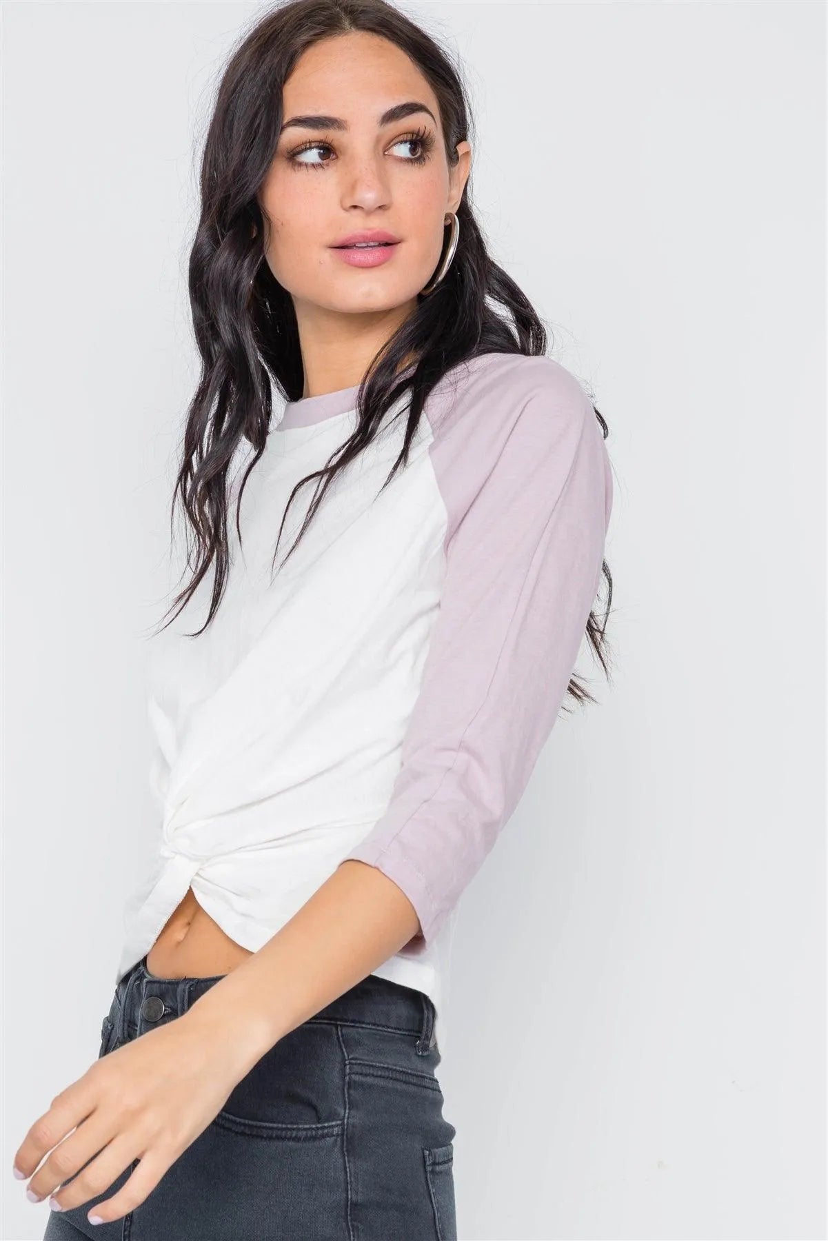 Mauve 3/4 Sleeves Front Twist Crop Top /3-2-1 - Tasha Apparel Wholesale