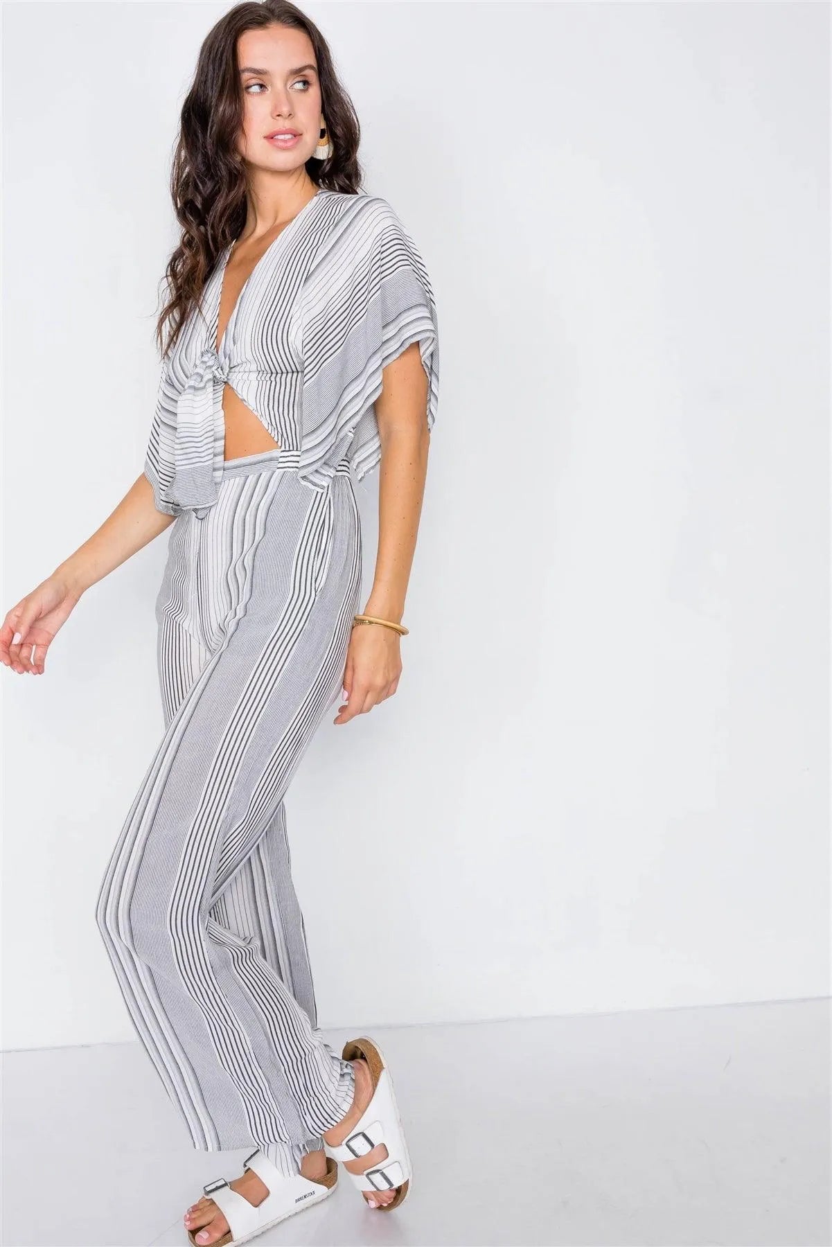 Vertical Black & White Stripe Cut-Out Jumpsuit /3-2-1 - Tasha Apparel Wholesale