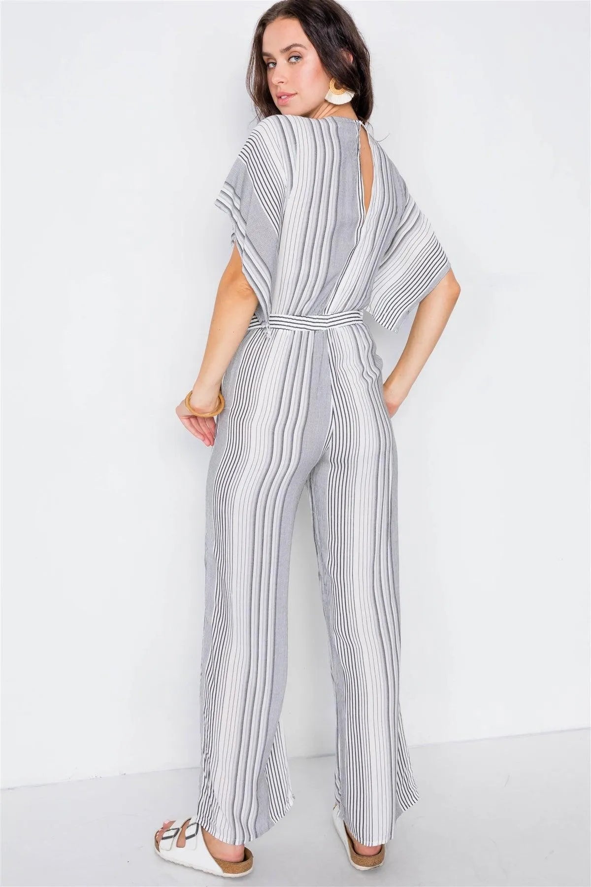Vertical Black & White Stripe Cut-Out Jumpsuit /3-2-1 - Tasha Apparel Wholesale