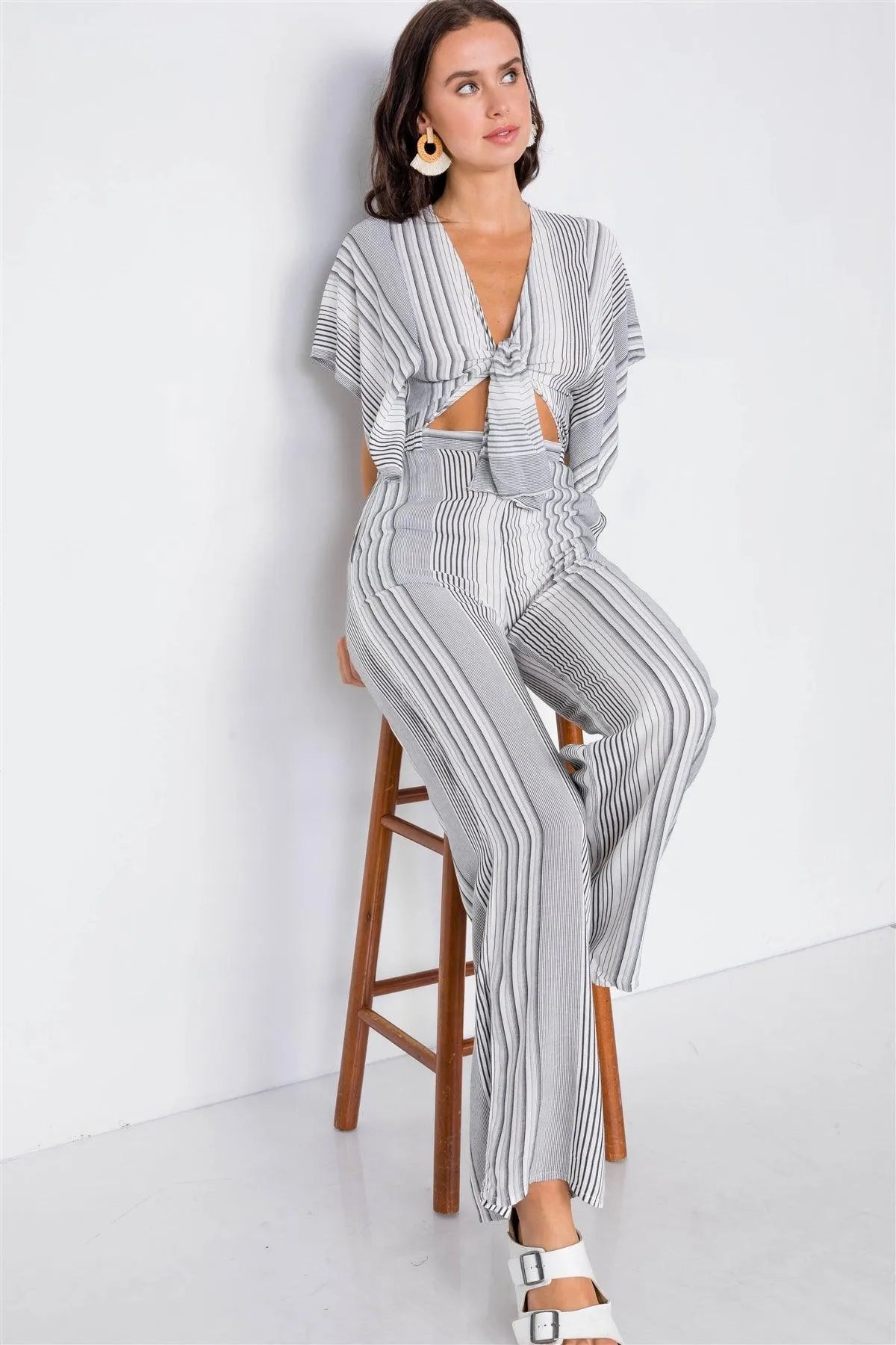 Vertical Black & White Stripe Cut-Out Jumpsuit /3-2-1 - Tasha Apparel Wholesale