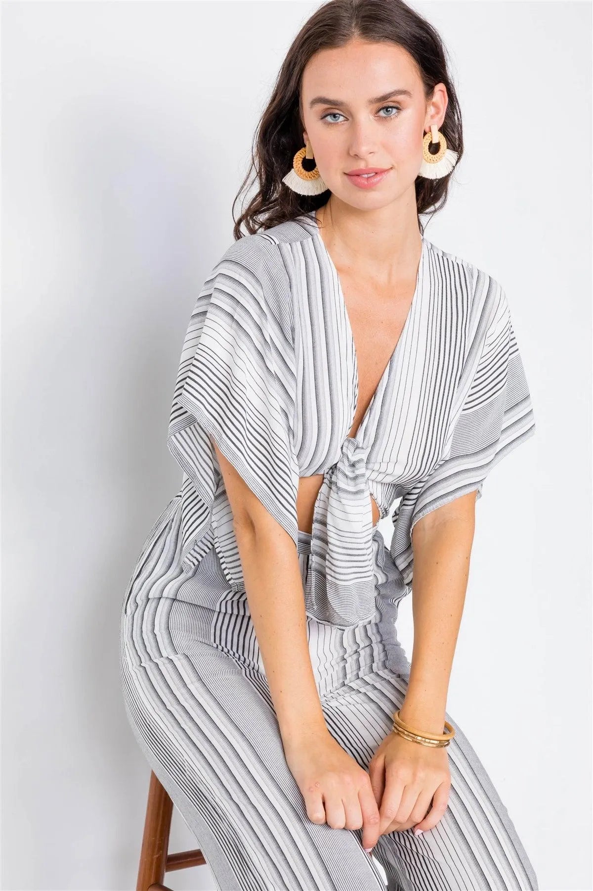 Vertical Black & White Stripe Cut-Out Jumpsuit /3-2-1 - Tasha Apparel Wholesale