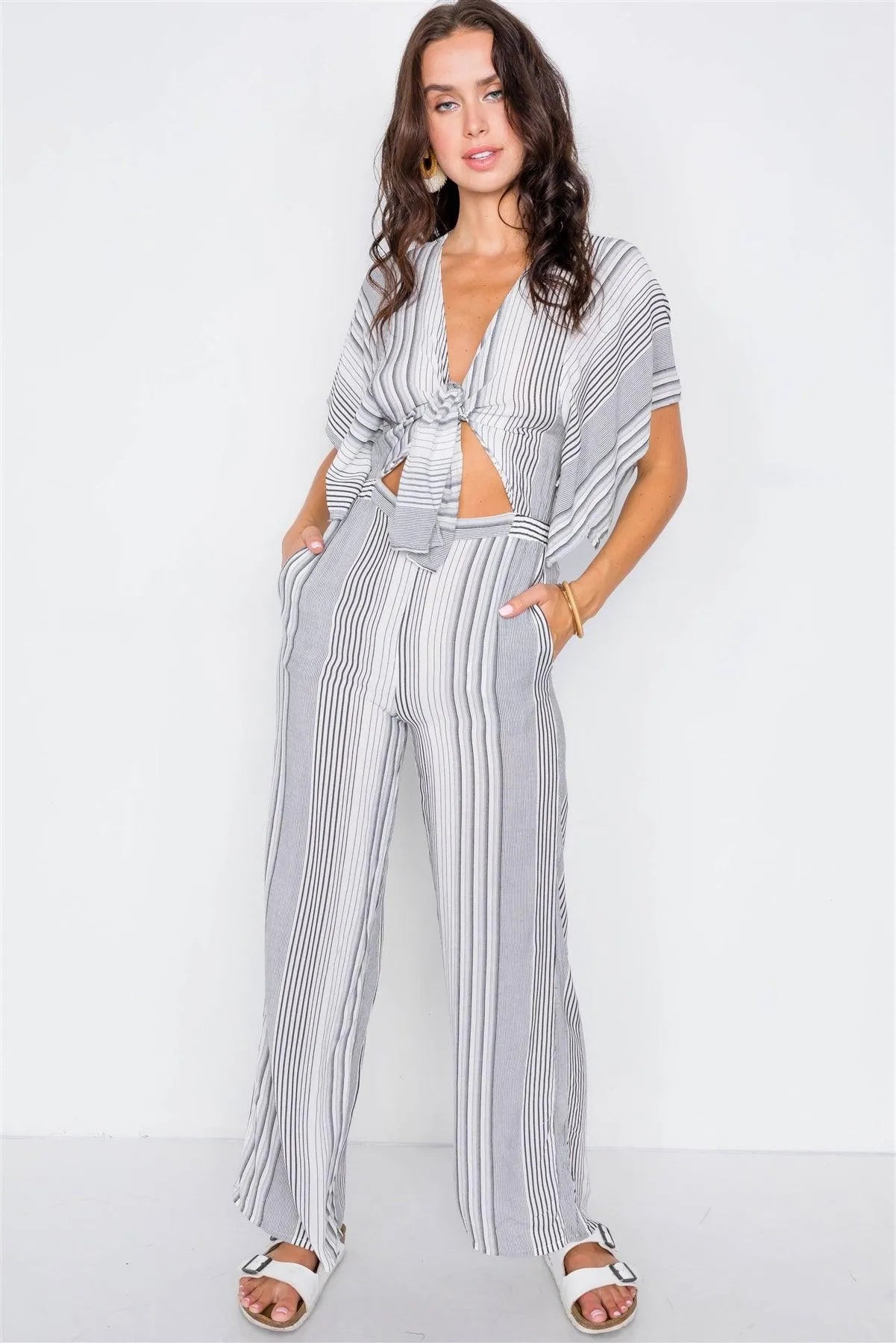 Vertical Black & White Stripe Cut-Out Jumpsuit /3-2-1 - Tasha Apparel Wholesale