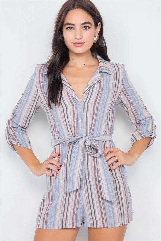 Lilac Taupe Cotton V-Neck Multi Stripe Short Romper /3-2-1 - Tasha Apparel Wholesale