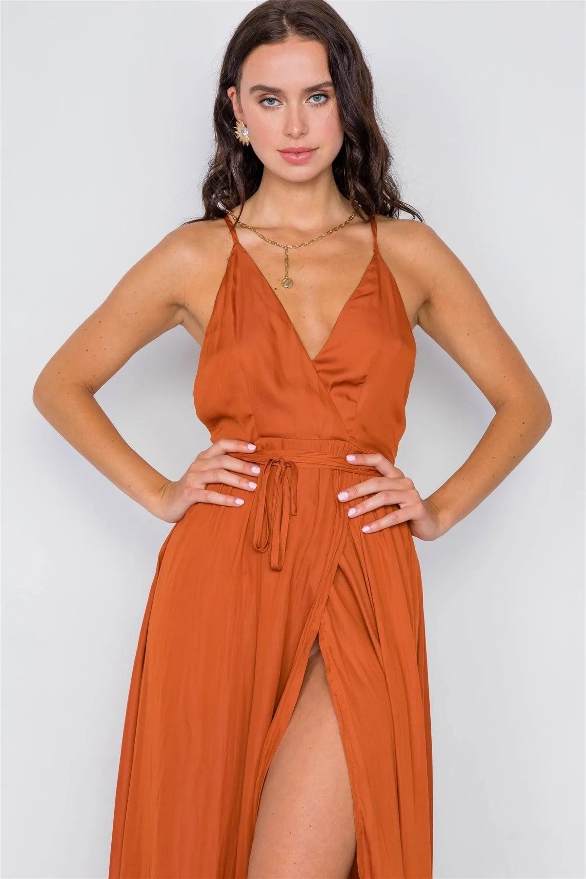 Deep Honey Satin Flowy Maxi Dress /3-2-1 - Tasha Apparel Wholesale