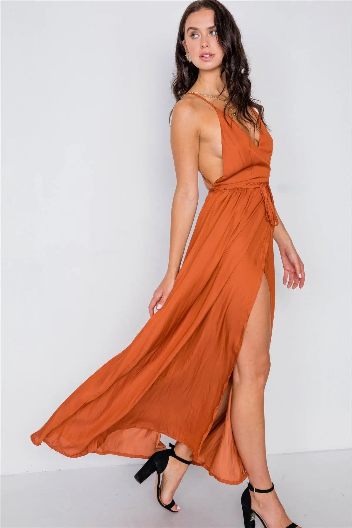 Deep Honey Satin Flowy Maxi Dress /3-2-1 - Tasha Apparel Wholesale