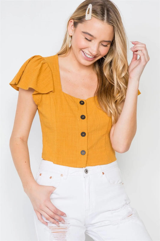 Gold Flounce Sleeves Button-Front Crop Top /2-2-2 - Tasha Apparel Wholesale