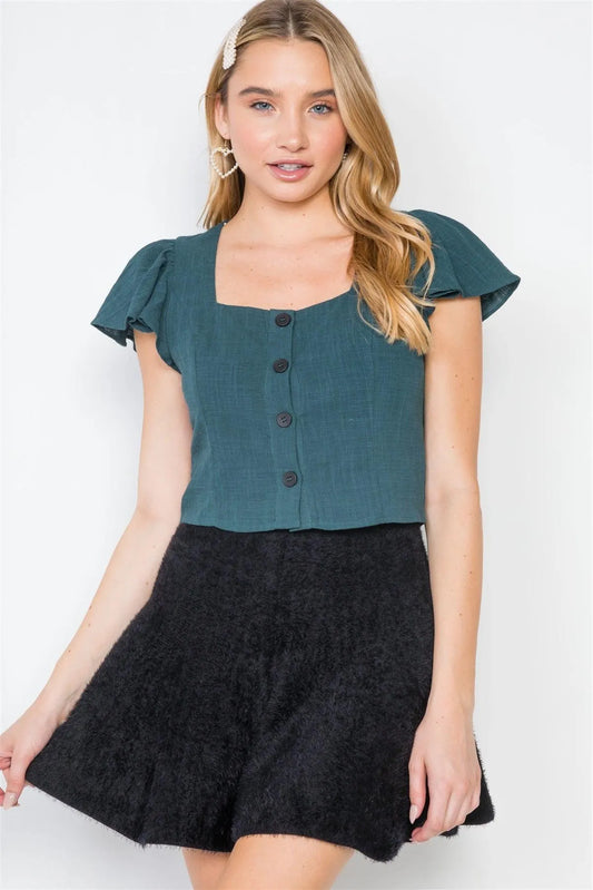 Teal Flounce Sleeves Button-Front Crop Top /2-2-2 - Tasha Apparel Wholesale