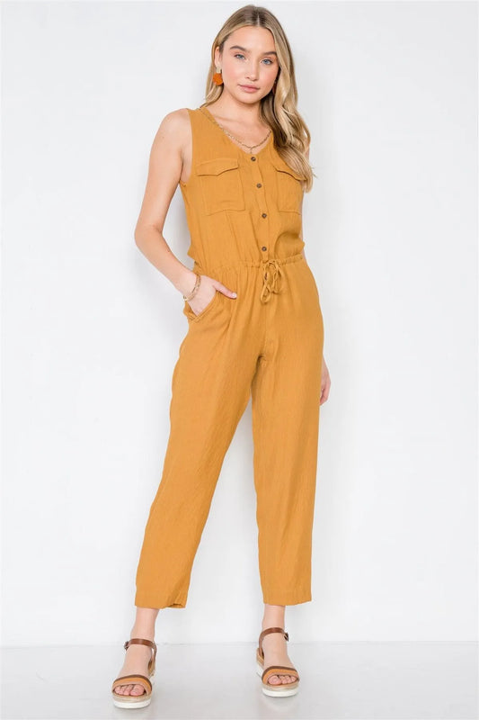 Gold Mustard Button-Front Sleeveless Casual Jumpsuit /3-2-1 - Tasha Apparel Wholesale