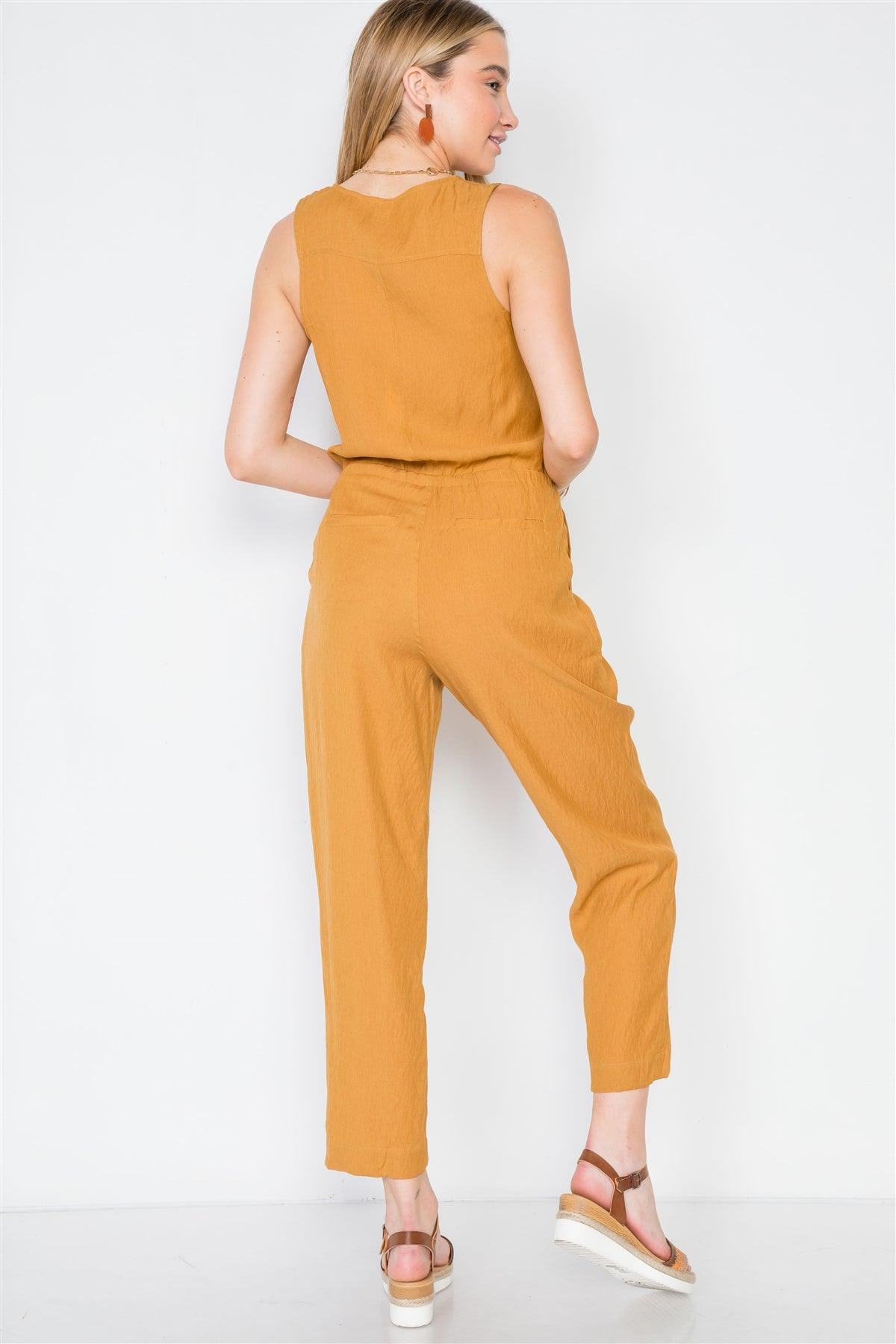 Gold Mustard Button-Front Sleeveless Casual Jumpsuit /3-2-1