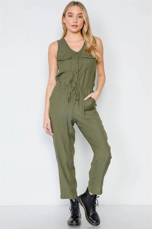 Olive Button-Front Sleeveless Casual Jumpsuit /3-2-1 - Tasha Apparel Wholesale