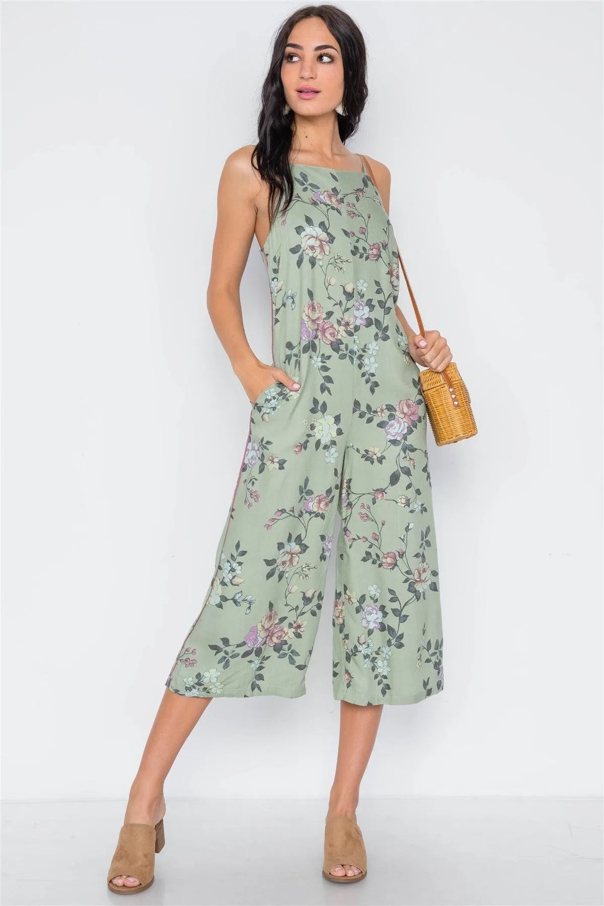 Vintage Olive Floral Cami Straight Leg Jumpsuit /3-2-1 - Tasha Apparel Wholesale