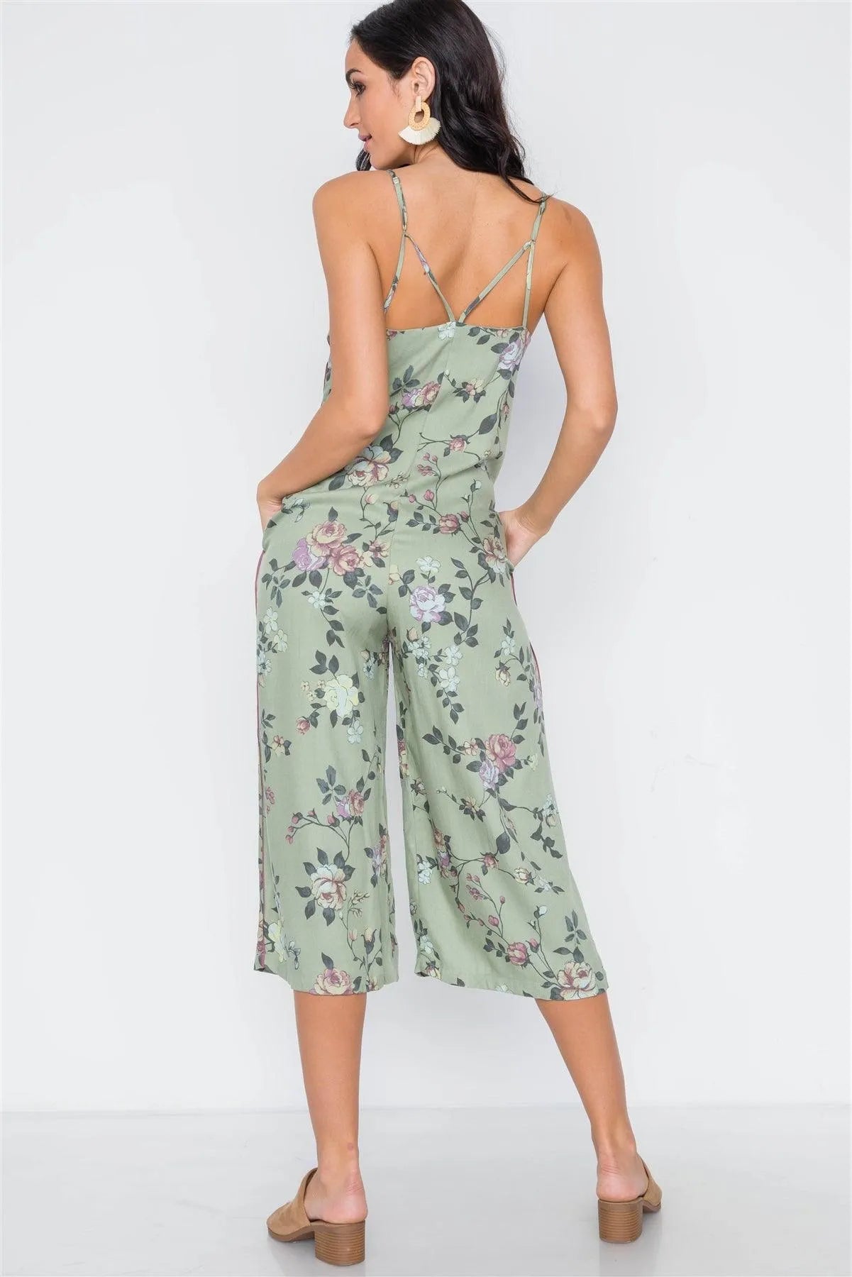 Vintage Olive Floral Cami Straight Leg Jumpsuit /3-2-1 - Tasha Apparel Wholesale
