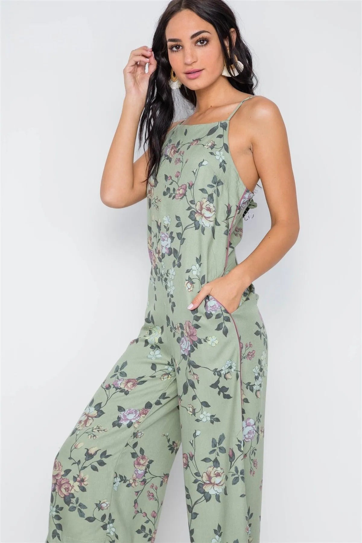 Vintage Olive Floral Cami Straight Leg Jumpsuit /3-2-1 - Tasha Apparel Wholesale