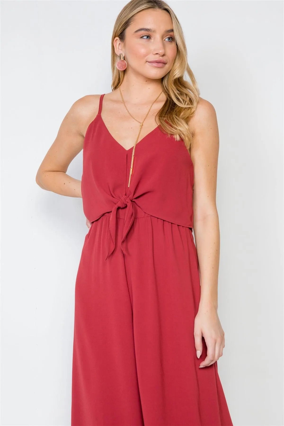 Brick Cami Front Tie Wide Leg Solid Jumpsuit /3-1-1 - Tasha Apparel Wholesale
