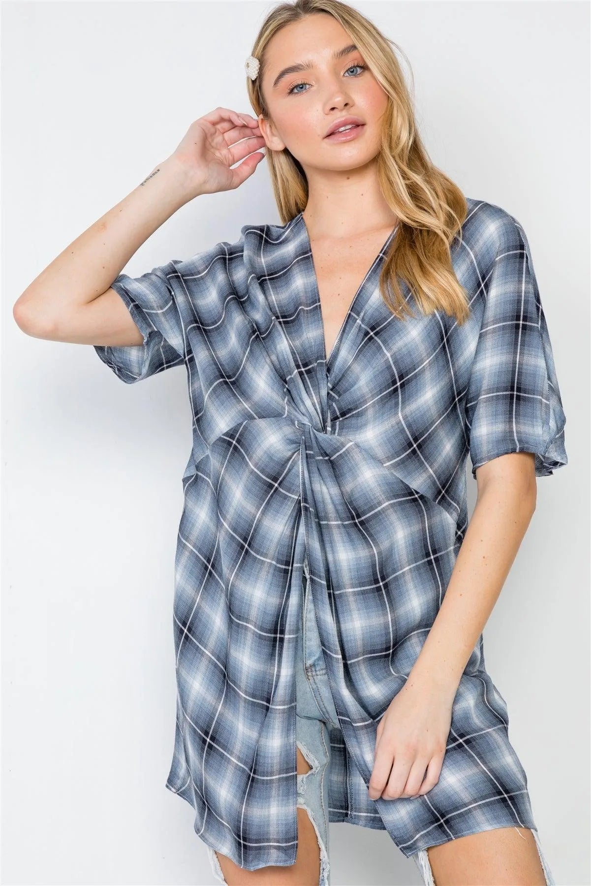 Blue Plaid Short Sleeve Front-Twist Top /3-2-1 - Tasha Apparel Wholesale